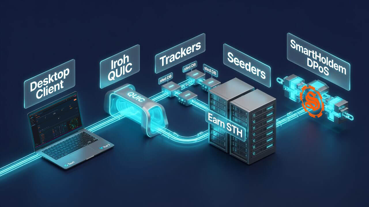 System architecture: Tracker, Seeder, Desktop Client, SmartHoldem DPoS Blockchain
